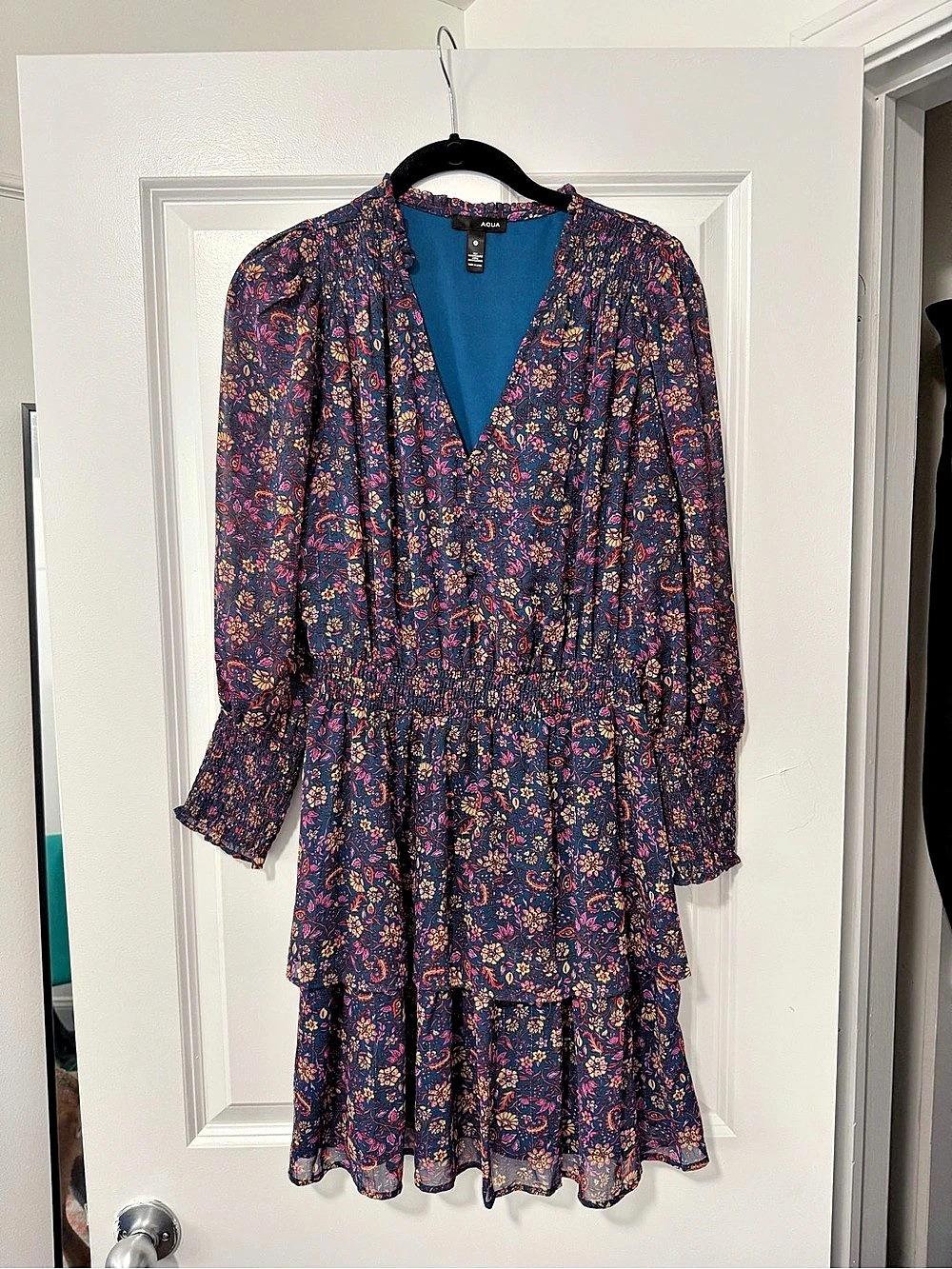 Aqua Floral Tiered Long sleeve dress